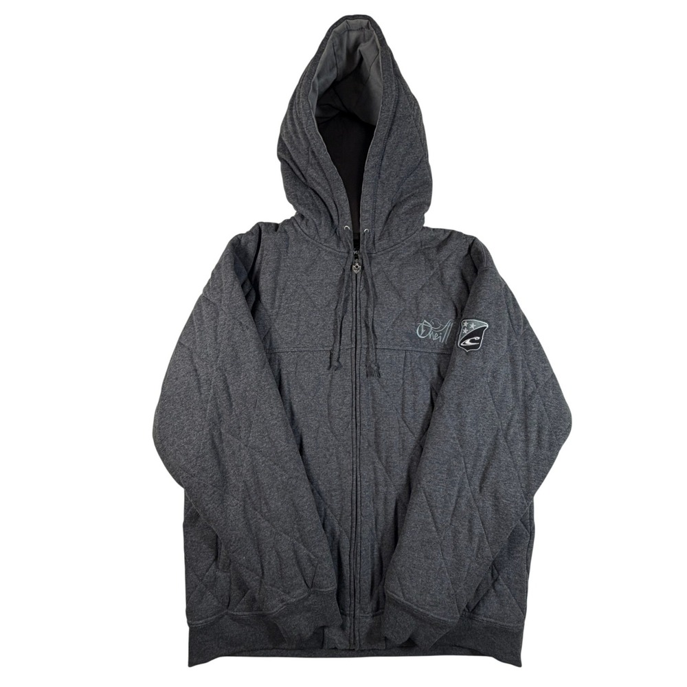 O'Neill Mens XXL Quilted Full Zip Hoodie Charcoal Gray Diamond Grid Sweatshirt‎